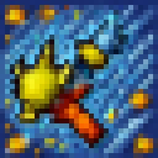 Minimalist galactic astronaut floats weightlessly among orbiting asteroids and a shining star, depicted in 32x32 skill art style.