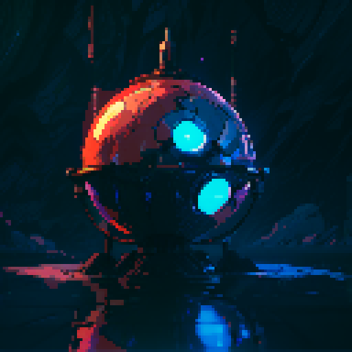 Sphere robotic, metallic sheen, glowing LED lights, mechanical limbs, retro-futuristic, geometric patterns, vibrant colors, low resolution, blocky pixels, 8-bit aesthetic, pixelated details, sharp edges, crisp lines, nostalgic video game vibe
