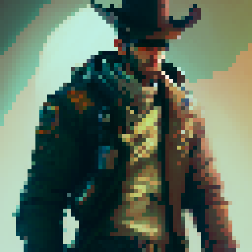 Steampunk hunter dressed with long coat with rifle on back and pistol on hand viewed from top down perspective