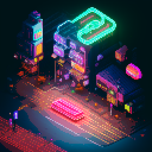 Isometric 2D cyberpunk street scene, vibrant neon lights, futuristic storefronts with glowing neon signs, reflective wet pavement, cybernetic-enhanced pedestrians, high-tech vehicles, mage girl floating in center, serene pose, fusion of mage robes and cyberpunk aesthetics with glowing runes, mystical aura amidst technology, focus on dynamic lighting and detailed environment