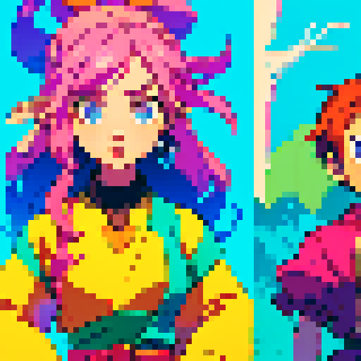 Two people, focused and determined, collaborating on a project with vibrant colors, intricate details, and a pixel art style, bringing their creative vision to life with each stroke and pixel