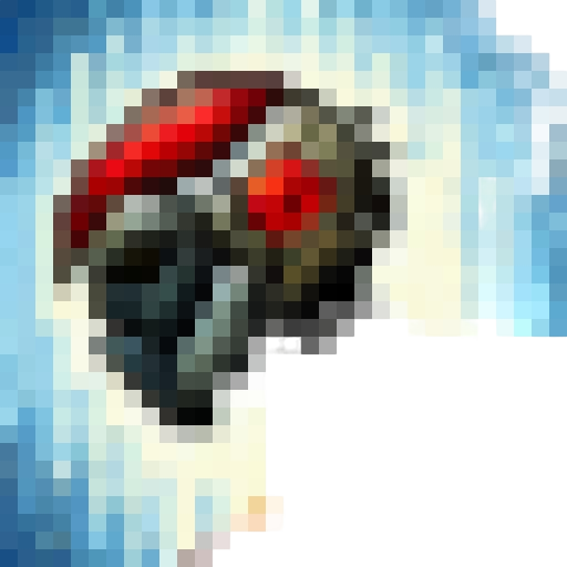 Space marine's helmet, glowing red eyes, battle scars, grim expression, iconic shoulder pads, power armor, boltgun, smoke in the background, pixelated textures