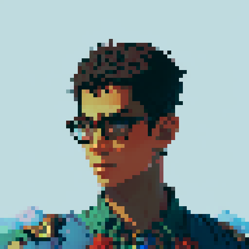 Southeast Asian man, short curly hair, glasses, tanned