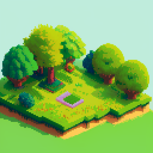 vibrant, lush, green grassy platform, colorful flowers, towering trees, charming pixel art style
