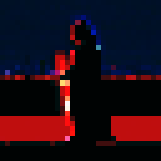 Darth Vader, towering over a cityscape, with glowing red lightsaber, in pixel art style, against a sRGB background