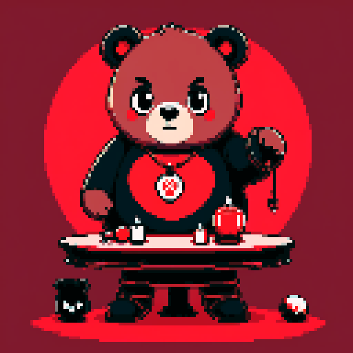 Gothic chibi chubby bear surrounded by red background, black shadows, button eyes, brown fur, looks like a doll. There is a magic ball on a table with a red tablecloth, a satanic pendant around his neck, a glowing wax candle burning at the back. A mascot pose is used, the whole image looks like a poster for an old retro pixel video game.