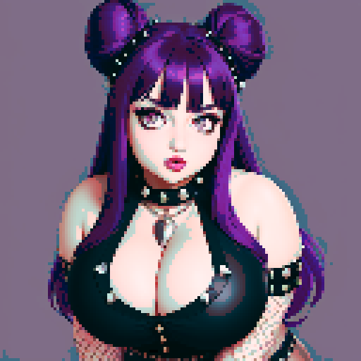 Thicc, curvy, busty goth babe showing off her bust, wearing studded collar, long purple hair in buns, fishnet stockings, studded halter top, sRGB