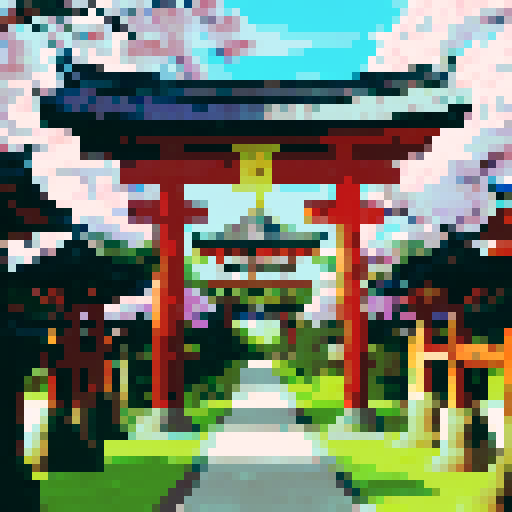 golden shinto shrine, shinto gate, golden gate, majestic and towering, adorned with intricate golden decorations and trim, set against a breathtaking pixel art background depicting a serene and vibrant landscape, with a shimmering golden chest nestled at its base