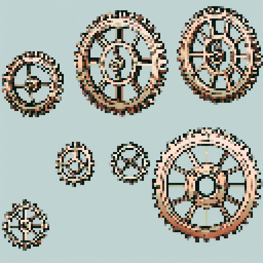 I want a copper gear that looks like it was made by a master clockmaker. It should have strange mechanical details that could interlock with each other. I also want this object usable an asset in a videogame, meaning only one object per image, outlined with a strong black stroke, on a solid-color background.