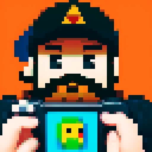 person wearing Pokemon-style clothing, Triforce logo cap, pixelated art style, vibrant colors, sRGB, black beard, bald, holding a game controller showing it to whos seeing. 