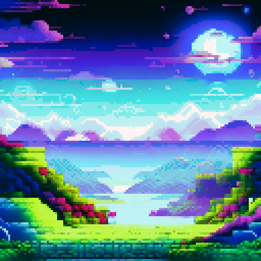 Luminous stars across a vast, midnight purple pixelated background, creating a breathtaking landscape as if seen from a spaceship