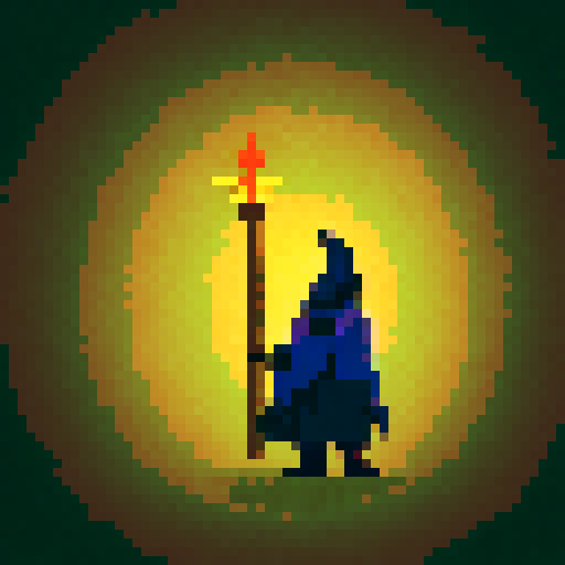 Hooded, mysterious, ancient, powerful, potion-brewing, staff-wielding, spell-casting, dark magic-warlock, wearing flowing robes and a pointed hat, standing full-body in front of a pixelated, mystical, sRGB-colored landscape.