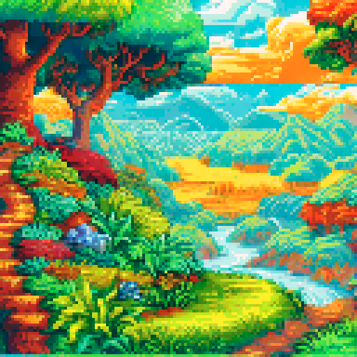 vibrant, colorful, pixelated, sRGB, pixel art, background, landscape, rolling hills, winding river, blooming flowers, towering mountains, lush forests, clear blue sky, fluffy clouds, sparkling waterfalls, peaceful meadows, glowing sunset