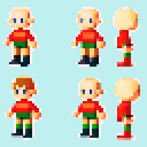 8-bit pixel art base character sheet of a chibi-style elf boy with no hair or clothes, serving as a fully customizable base model. The character has short legs and simple features