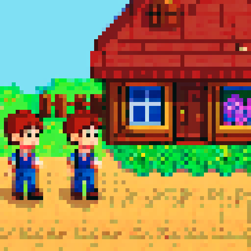 Stardew valley style, main character sprite, 32 pixel high x 16 pixels wide, brown hair, blue eyes, front view, side, view, rear view, and walking animation positions in all directions. 