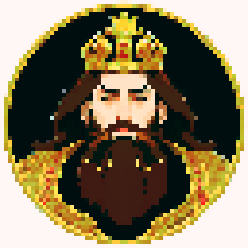 king, regal, crown, majestic, stoic expression, sharp features, detailed beard, gold accents, royal robe, intricate embroidery, game icon, 32x32 pixel art, sRGB, skill art, close up, portrait