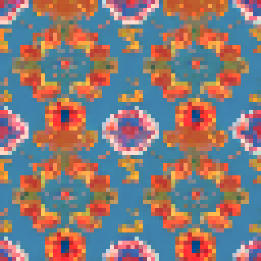 retro flower pattern, vibrant colors, intricate details, symmetrical design, geometric shapes, 8-bit style, sRGB palette, pixelated flowers, seamless repetition, nostalgic vibes, animated background, vibrant landscape