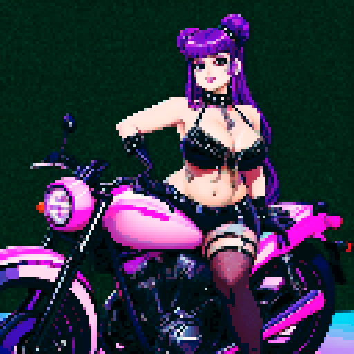 Thicc, curvy, busty goth babe with studded collar, long purple hair in buns, fishnet stockings, studded halter top, posing with motorcycle, neon signage, pixel art, sRGB