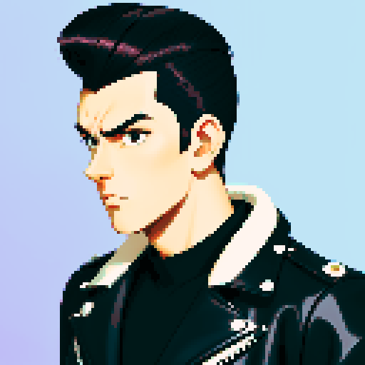 Tough Greaser wearing motorcycle jacket with pompadour hairstyle, in a semi-anime style. portrait, face avatar, sRGB colors.