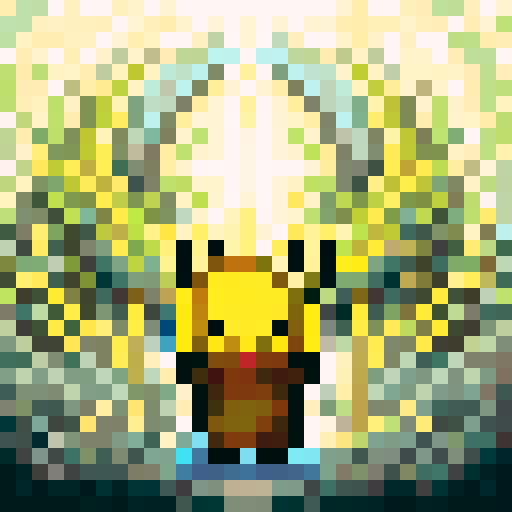 Pikachu in a pond, vibrant colors, pixelated details, sRGB color profile, close-up of face, skillfully crafted, game icon style, 32x32 pixel art, portrait composition