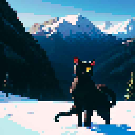 Black cat with yellow eyes in snowy mountains