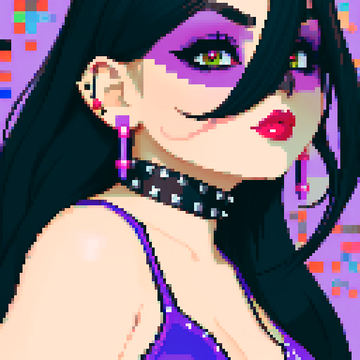 curvy, cute goth woman's face, black hair, purple eyeshadow, red lipstick, studded leather string bikini, face portrait, beauty photo, vibrant sRGB colors, pixel art
