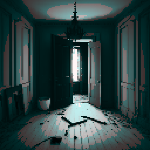 Generate an image of a gloomy and terrifying room in black and white. The environment should look abandoned and unmaintained, like a haunted house. In the center of the room, place a single slightly ajar door. The interior of the door should be completely dark, as if something is about to emerge from inside. Use grayscale to create a spooky and ominous atmosphere. Please, if possible, create the image in pixel art