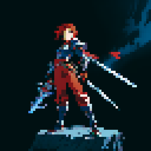 Sprite of a JRPG character with red hair, silver armor, blue pants and black shoes, holding a sword.