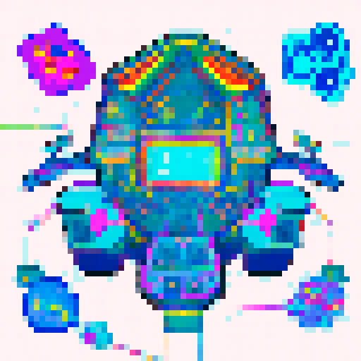 Spaceship, sleek design, metallic exterior, vibrant colors, retro aesthetic, pixelated details, glowing thrusters, starry backdrop, futuristic cockpit, pilot's seat, control panels, blinking lights, computer screens, holographic displays, wireframe outlines, geometric shapes, neon accents, pixelated stars, low-resolution textures, vibrant pixel art style, sRGB color space