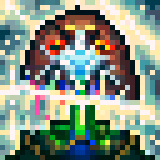 A pixelated portrait of a euphoric gamer with glowing eyes, sweat dripping down their forehead, and a wide grin on their face, surrounded by skill icons and power-ups, all in the vibrant hues of sRGB