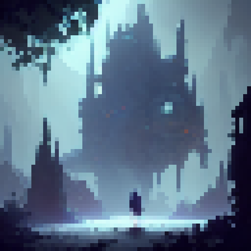 Mystical ruins surrounded by ominous trees, shrouded in a blue mist, with a towering castle in the distance, all depicted in a dark, atmospheric, and highly-detailed fantasy RPG concept art style.