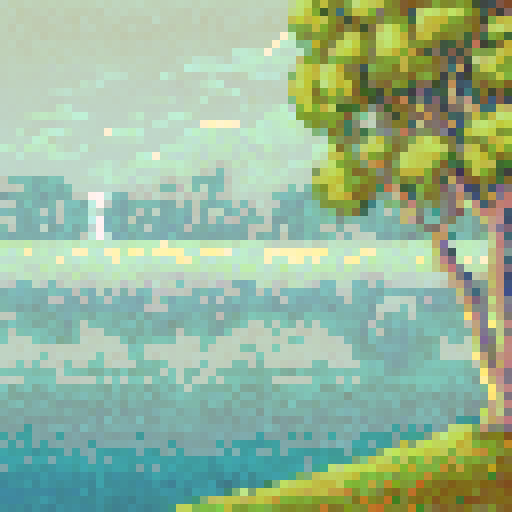 64x64 grid of square pixels, soft, blended colors, subtle, muted tones, calm and serene atmosphere, pointillism, abstract, dotted feel, sRGB, pixel art, background, landscape