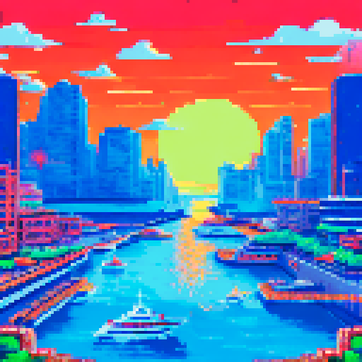 Monaco's glittering harbor nestled amidst towering skyscrapers, a sleek red Ferrari zooming past the roaring crowd, the sun-drenched coastline glittering in the background, all captured in vibrant pixelated glory