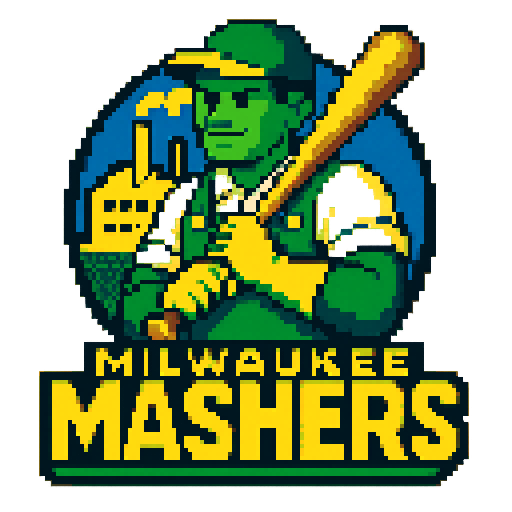 Pixel art of a fictional baseball team called the Milwaukee Mashers. Factory Employee, green, yellow, white, sharp outlines, and soft pixel shading. The logo design mimics 80s MLB logos. Use a vibrant Sega Genesis 16-bit style with selective dithering, geometric forms, and nostalgic retro charm. Avoid modern gradients—keep it pure pixel art.