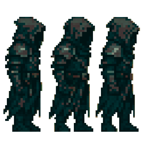 Prompt for creating 2D RPG hero sprites:

Character type:

A man in dark, heavy, hooded armor.

The image of a hidden hero, reminiscent of an assassin or a grim warrior.

Clothing and armor:

Hood concealing the face (no distinct features).

Dark armor with metal plates on the shoulders and arms.

A belt with several pouches or knives, possibly a dagger or short sword, hangs from the waist.

Twisted or torn fabric on the shoulders and hem, giving a mystical appearance.

Positions:

Side (profile