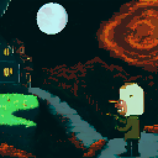 large jaw protagonist in the bottom right with cigarette and shiny golden gun in left hand, dark green top, brown trousers, only change the character
