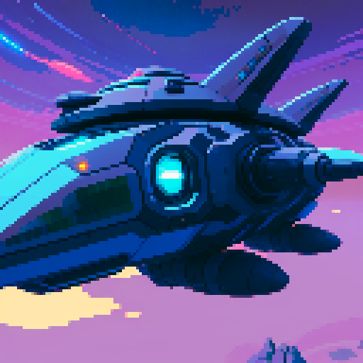 futuristic spaceship hovering above rocky planet, vibrant sky, game icon