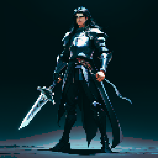 full-body image, male knight, man in black armor, giant sword, long black hair, sexy, male dark knight, giant sword, huge long sword, long hair