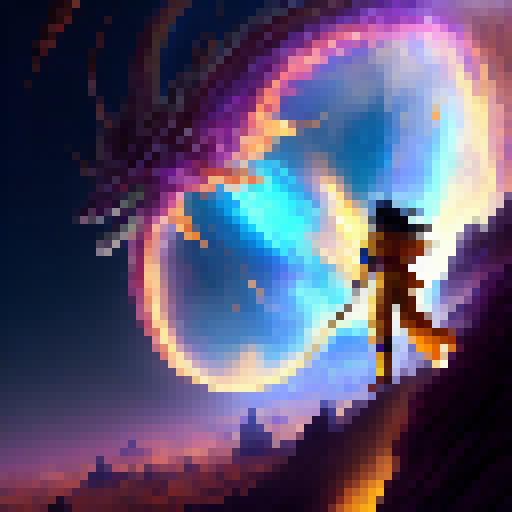 Goku wielding a glowing, golden staff battles a dragon with emerald scales amidst a sprawling, mystical landscape featuring towering, crystalline spires and a pulsing, purple sky in a fantastical RPG style.