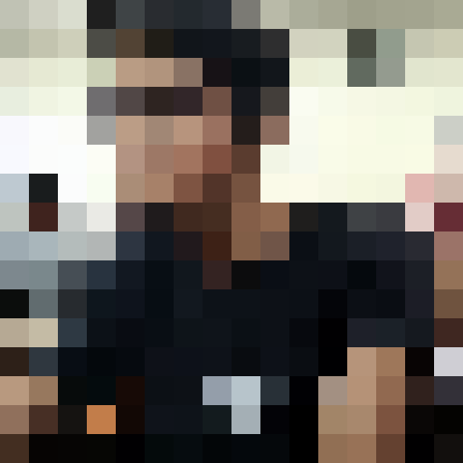 Charming boy in a striped shirt, captivating the viewer with his big brown eyes in a close-up pixel art portrait for a 16x16 game icon.