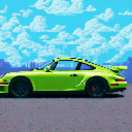 Photorealistic whole Porshe 911, three-quarter view, right front wheel, clean background, sRGB colors, pixel art style
