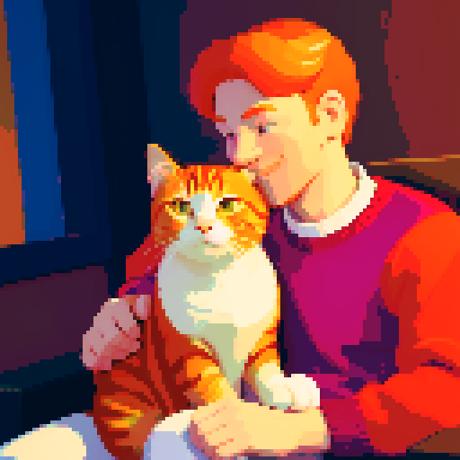 man with a contented ginger cat on his lap, vibrant colors, blocky pixels, retro aesthetic, warm and cozy setting, soft lighting, expressive cat poses, meticulous attention to detail, intricate pixel patterns, nostalgic video game vibes, playful interaction between person and cat, harmonious sRGB color palette