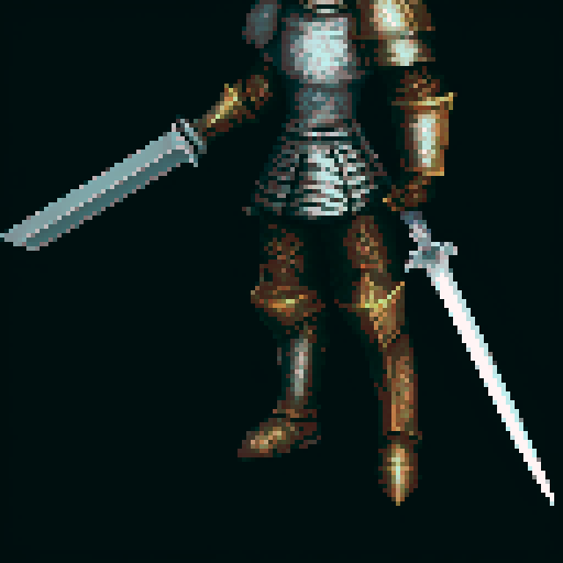 pixel art picture of a human male knight with a two-handed great sword, detailed shading, and smooth lines, heavy armor, confident stance, muscular build, armored helmet, deep red and gold armor, detailed sword, detailed shading, smooth lines, running, swinging sword