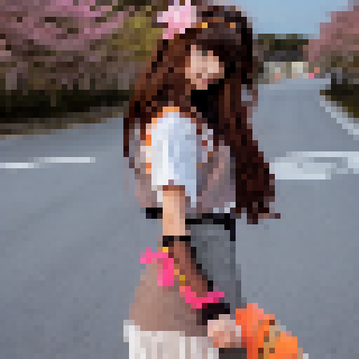 Haruhi Suzumiya, with her iconic yellow headband, stands atop a hill at sunset, surrounded by a sea of cherry blossom trees and anime-style characters cheering her on.