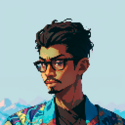 Southeast Asian man, short curly hair, round glasses, tanned, goatee, diamond shaped face, Wearing a robe like a thife