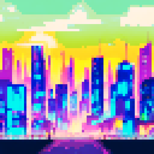 Glowing crystal skyscrapers towering over a neon-lit street, bustling with flying vehicles and holographic billboards in a pixelated cyberpunk cityscape