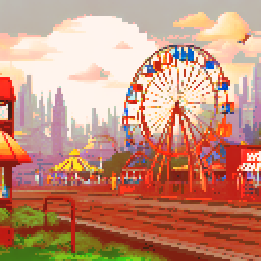 Amusement park, vibrant roller coasters, whimsical carousels, towering ferris wheels, sRGB colors, pixel art, detailed background, picturesque landscape