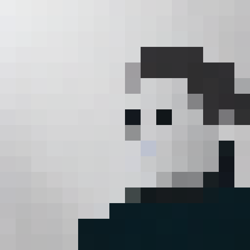 Man, curious and focused, gazes upon an awe-inspiring sunrise with hues of orange and pink, his silhouette outlined against the tranquil, blue ocean waves in a retro 16x16 pixel portrait style.