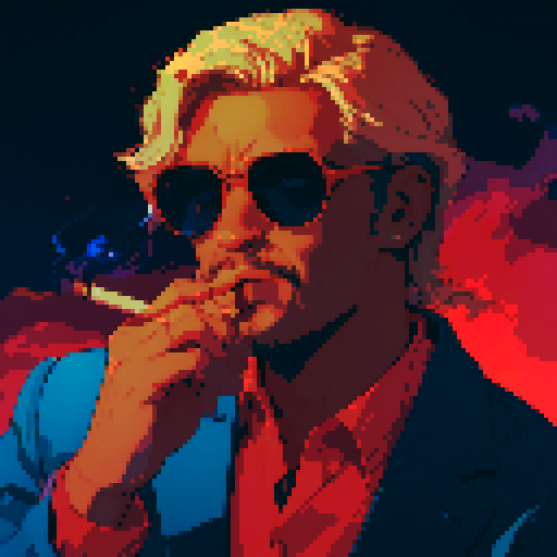 man smoking, retro 8-bit pixel art, vibrant colors, thick black outlines, detailed facial expression, swirling smoke, wisps of gray, glowing cigarette tip, puffs of smoke forming shapes, stylized background, neon lights