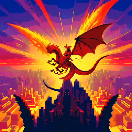 A rock guitarist riding a dragon, flying through a fiery sky above a futuristic city, brandishing his guitar like a sword